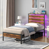 Rolanstar Bed Frame Twin Size with USB Charging Station, LED Bed Frame with Wood Storage Headboard, Rustic Brown Metal Platform Bed with Under Bed Storage, No Box Spring Needed, Noise Free Rolanstar
