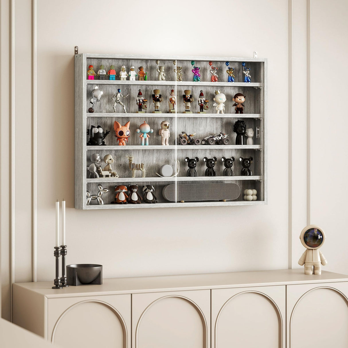 HOMCOM 5-Tier Display Cabinet, Glass Door Cabinet with Adjustable Shelves, Wall-Mounted Display Case for Playroom, Bedroom, Gray HOMCOM