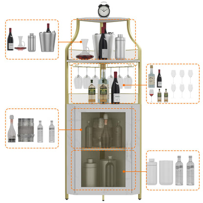 IDEALHOUSE Corner Bar Cabinet, Wine Bar Cabinet with Large Storage Space and Detachable Wine Rack, Wine Cabinets with Glass Holder and Mesh Door for Dining Room, Living Room, Kitchen(Gold)