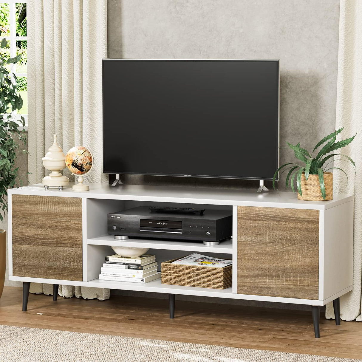 YESHOMY Modern TV Stand for 65" Television, Entertainment Center with Two Storage Cabinets, Retro Style Media Console for Living Room, Bedroom, Office, 58 Inch, White and Coffee YESHOMY