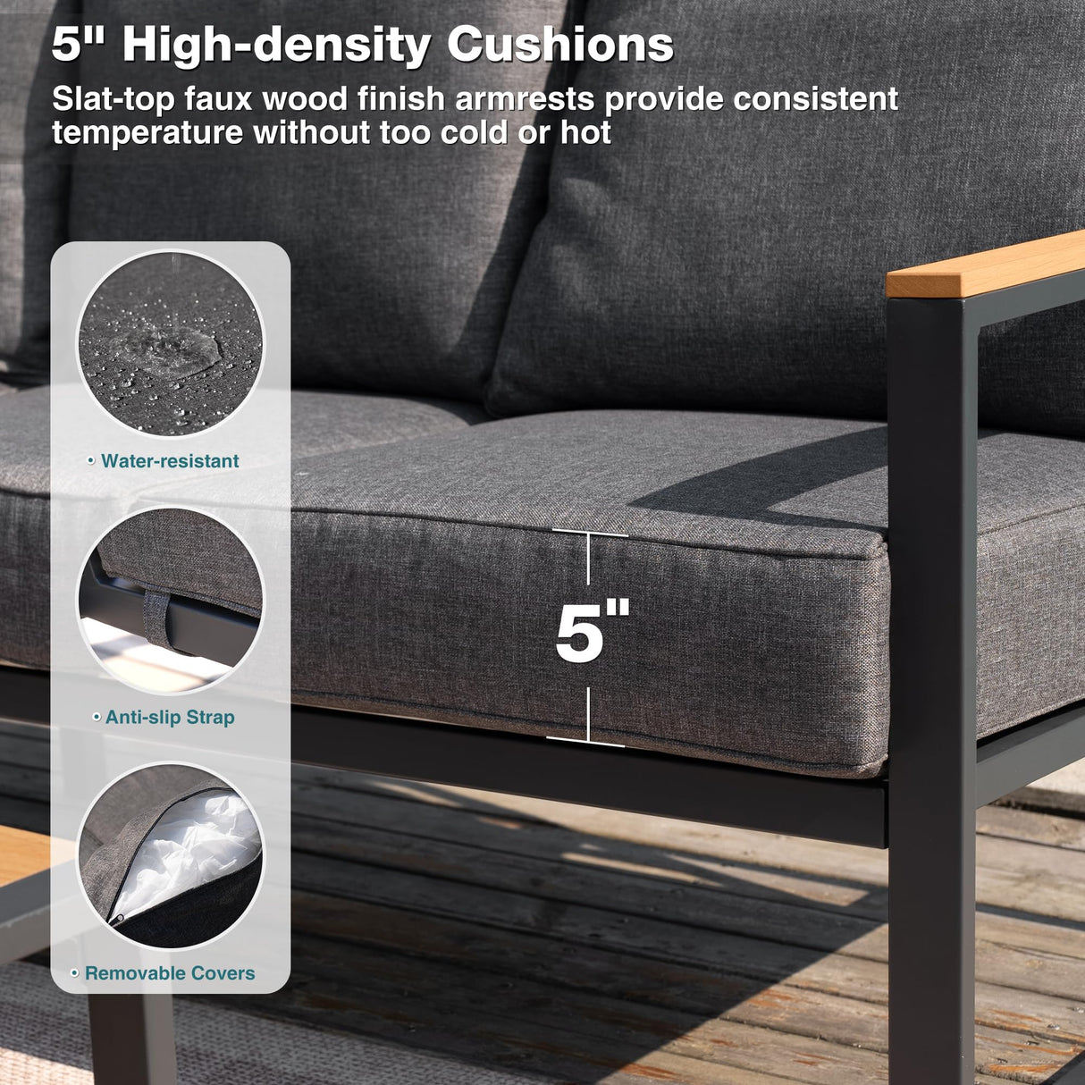 COMLAX FIELD Metal Patio Furniture Set, 6 Pieces Outdoor Sectional Sofa Set with Side Table, L Shape Patio Conversation Set with Faux-Wood Tabletop, Outdoor Couch for Balcony, Porch, Backyard, Grey COMLAX FIELD