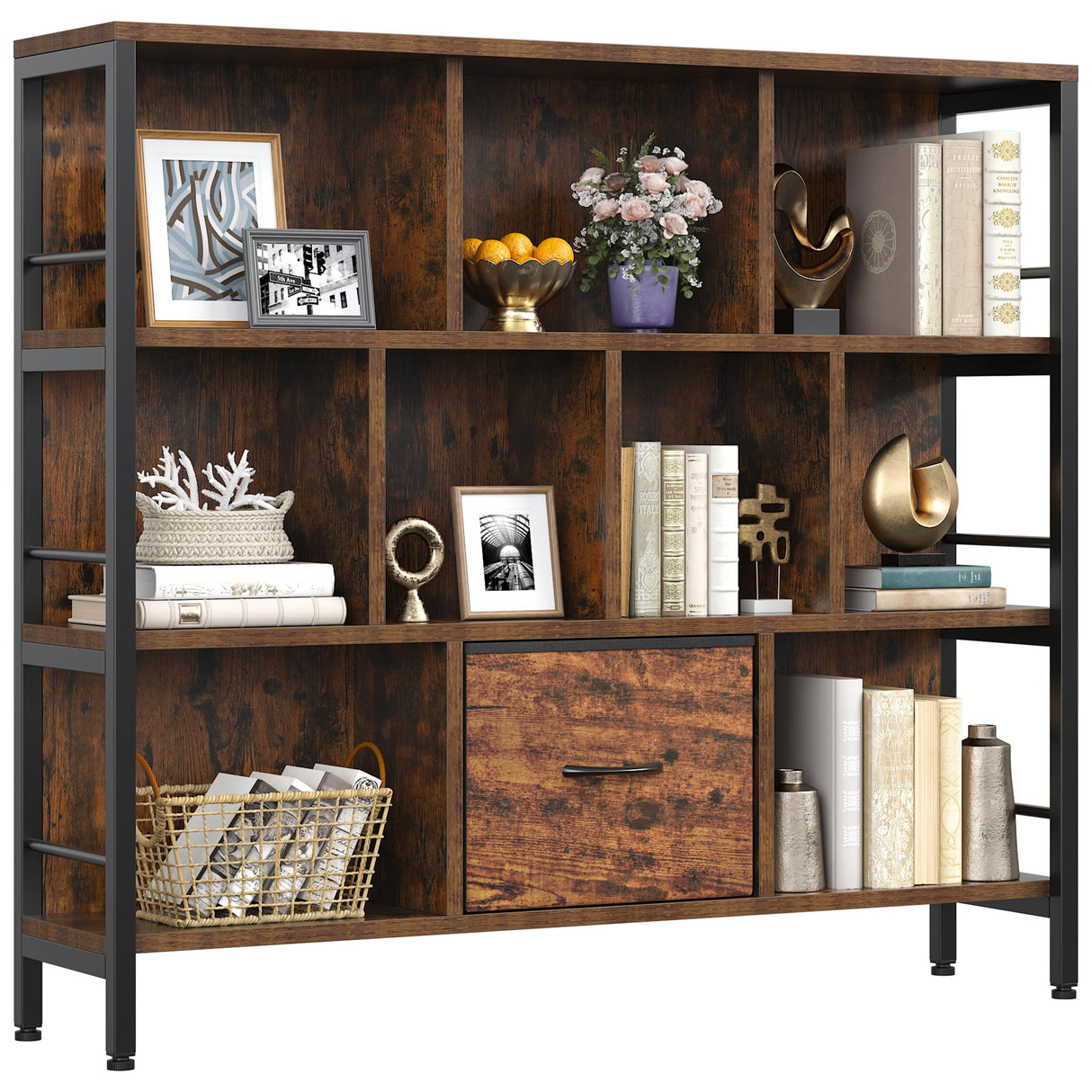 Winkalon Bookshelf, 10 Cube Bookshelf with Canvas Drawer, 3 Tier Wide Bookcase with Adjustable Legs, Metal Bookshelf with Open Stoage for Bedroom, Living Room, Office Winkalon