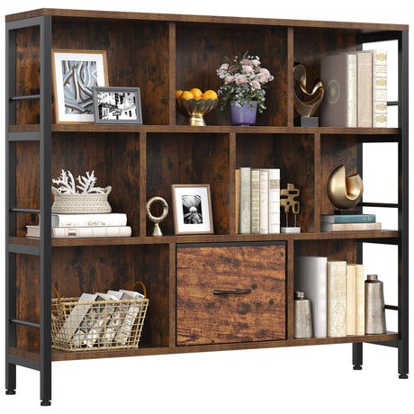 Winkalon Bookshelf, 10 Cube Bookshelf with Canvas Drawer, 3 Tier Wide Bookcase with Adjustable Legs, Metal Bookshelf with Open Stoage for Bedroom, Living Room, Office Winkalon