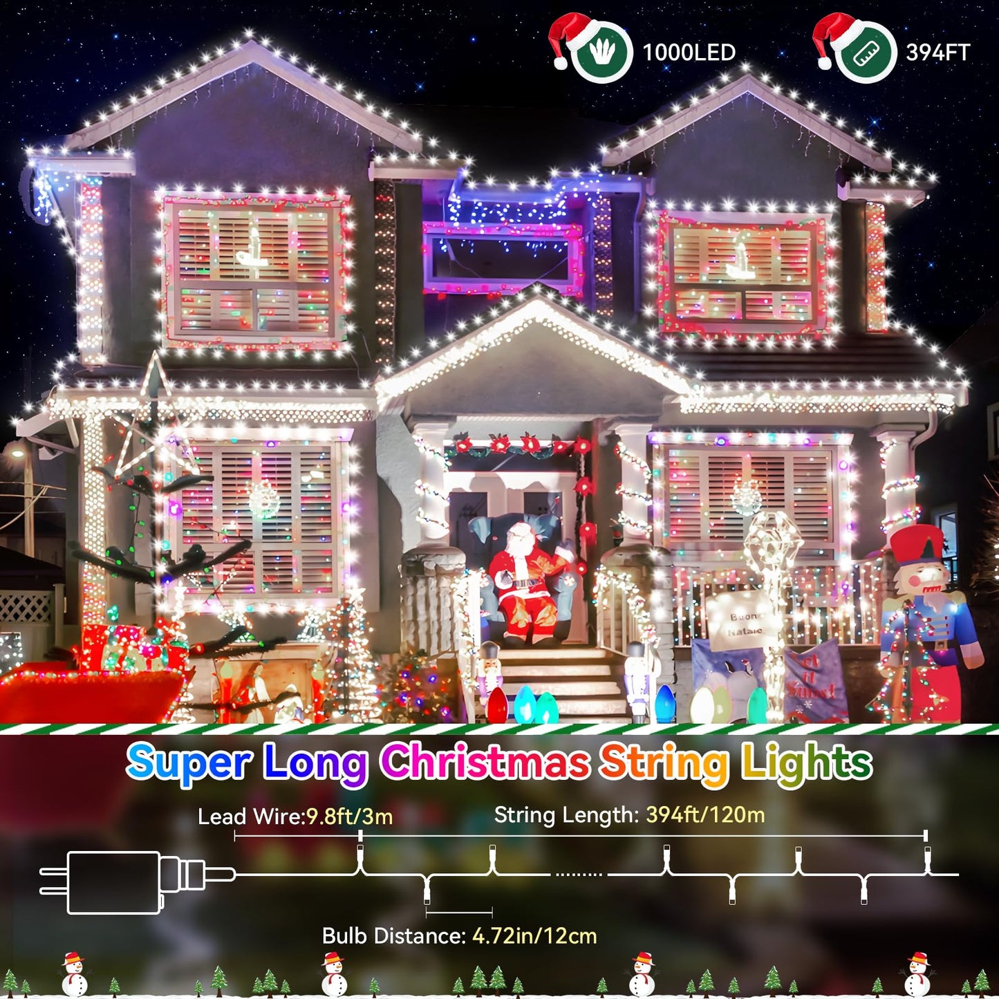 Heceltt Christmas Lights Outdoor, 394FT 1000LED Christmas Lights with 8 Modes and Timer Memory Function Christmas String Lights Waterproof Plug in for Xmas Tree Wedding Party Holiday Decor