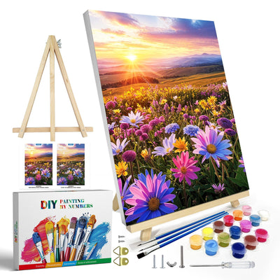 JOOZ Flowers Paint by Numbers Kit for Adults with Frame, Sunset Mountain Paint by Number with Easel, DIY Adult Paint by Number Kits on Canvas Landscape for Home Wall Decor 8 x 12 Inch