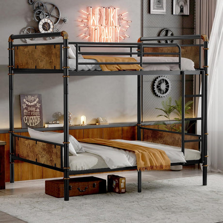 Miscoos Twin XL Over Twin XL Bunk Bed, Industrial Detachable Twin XL Bed Frame with PVC Rubber Cover Ladder, Safety Guardrails & MDF Headboard/Footboard, Sturdy & Space-Saving Metal Bunk Bed, Black Miscoos