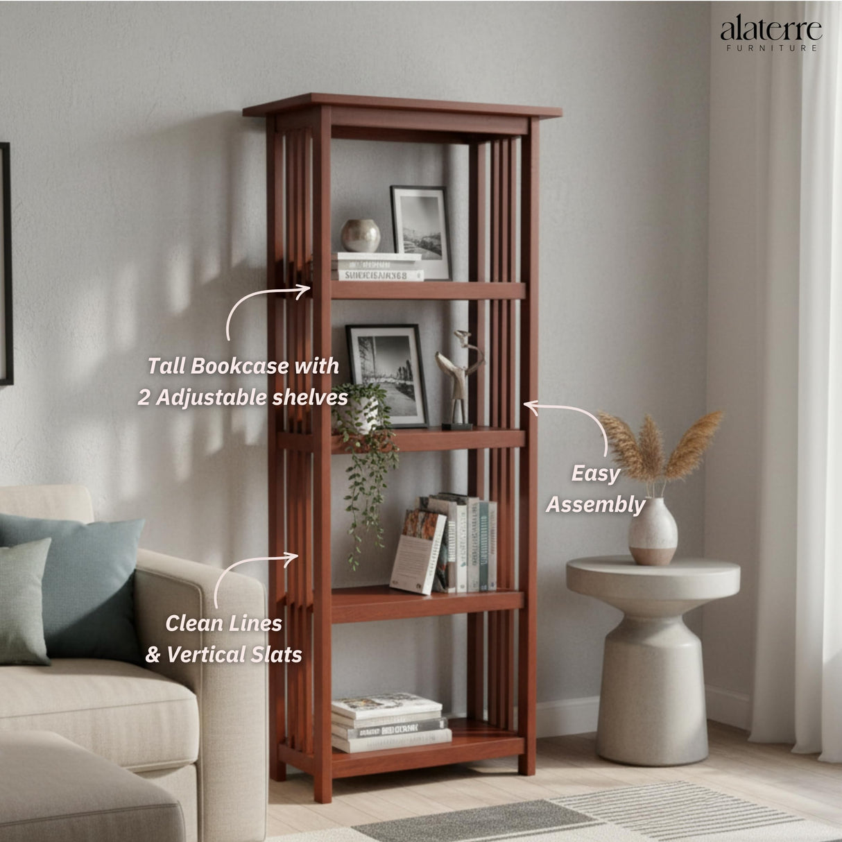 Mission 60-Inch Tall Wood Bookcase – 4-Tier Bookshelf with 2 Adjustable Shelves – Craftsman Style Vertical Storage for Living Room or Home Office by Alaterre Furniture (Cherry Finish) Alaterre Furniture