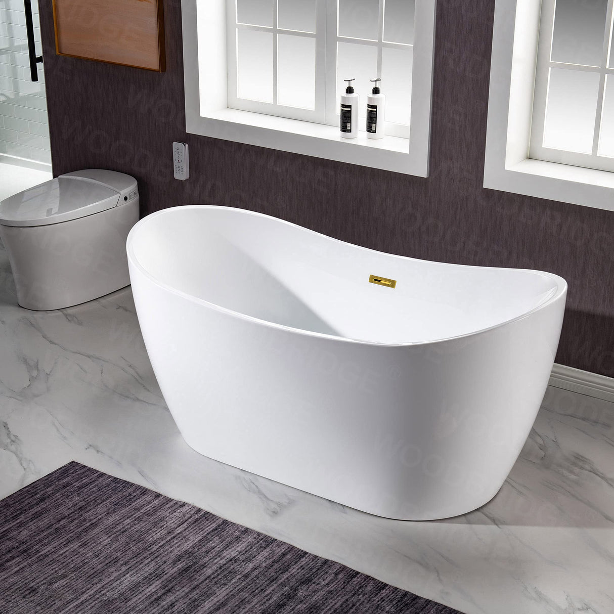 WOODBRIDGE 59" Acrylic Freestanding Bathtub Contemporary Soaking White Tub with Brushed Gold Overflow and Drain，B0016 -BG-Drain &O WOODBRIDGE