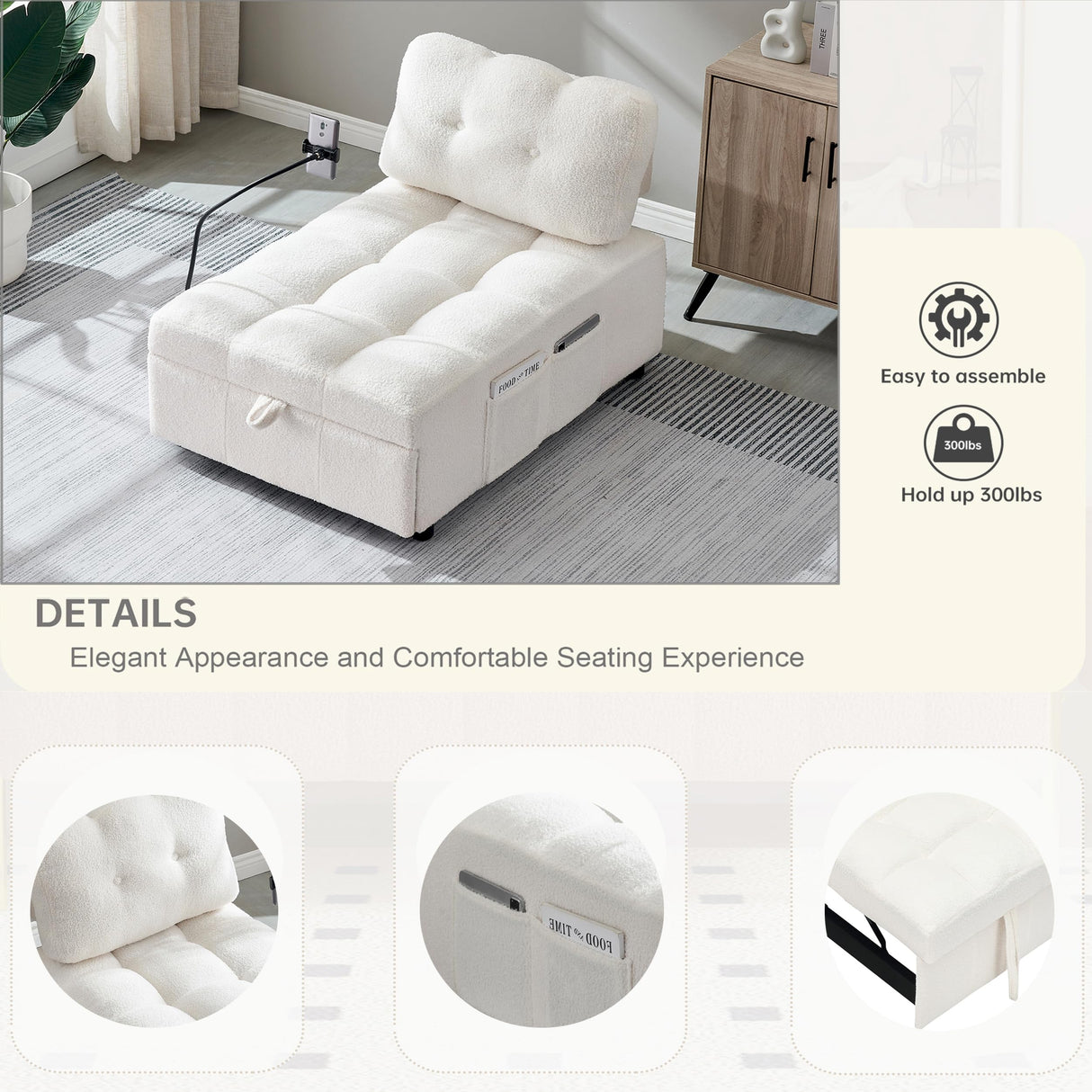 Anwick Modern 3 in 1 Teddy Fabric Sofa Bed Futon,Convertible Pull Out Bed Couches with Adjustable Backrests,Phone Stand,Single Sleeper Chair Bed for Small Living Room Bedroom (White) Anwick