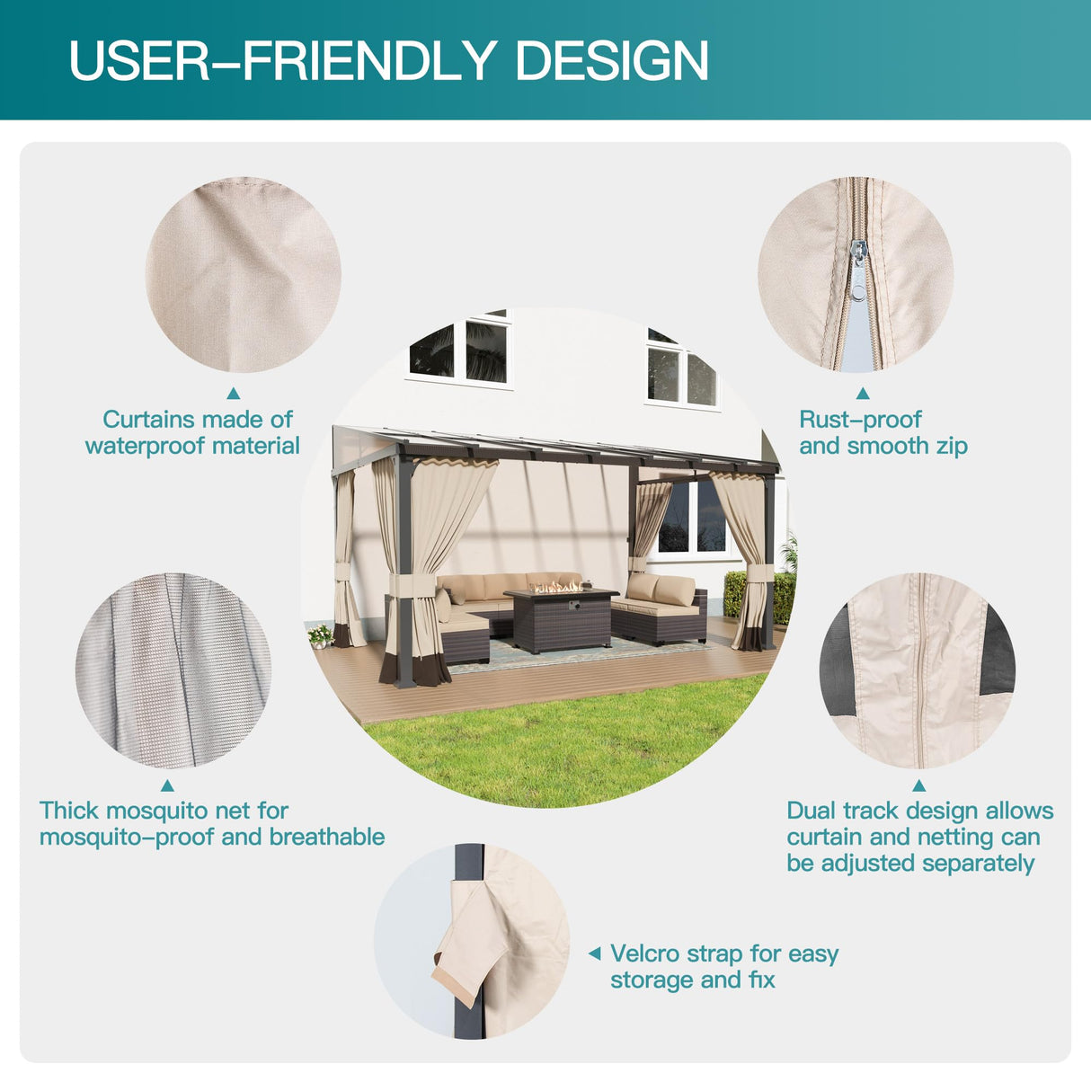 Halmuz 10x14ft Large Lean to Gazebo with Curtains & Netting,Wall Mounted Gazebo with Hard Top & Double Curtains,Metal Frame Garden Tent Suitable for Patio,Yards, Deck,Lawn, Garden,Grass-sand Halmuz