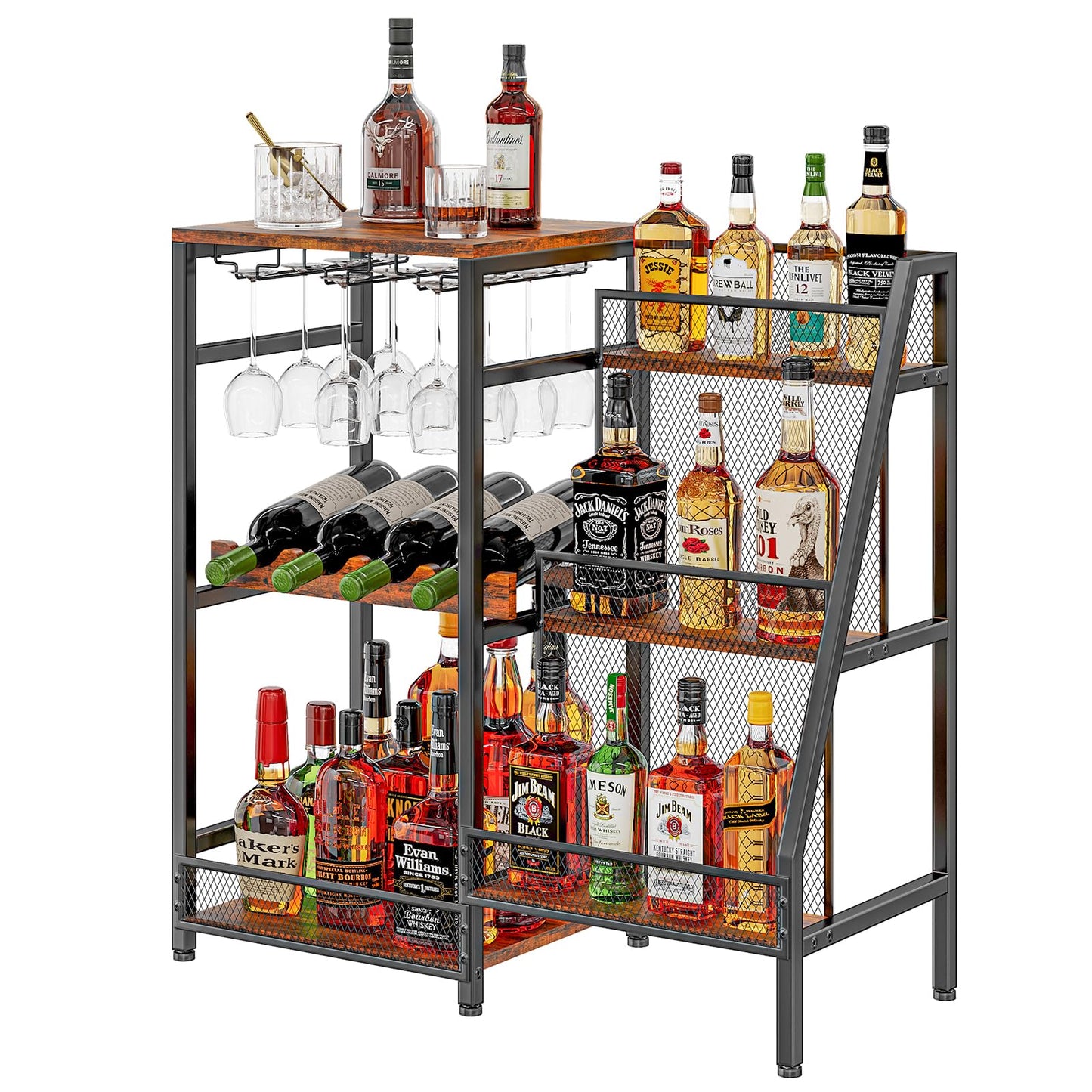 Versatile Liquor Stand for Home Bar, Wine Rack Freestanding Floor, Mini Bar Table for Liquor Whiskey Wine, 3-Tier Trapezoidal Liquor Bottle Display Shelf with Glass Holder and Fences(Patent P - WoodArtSupply