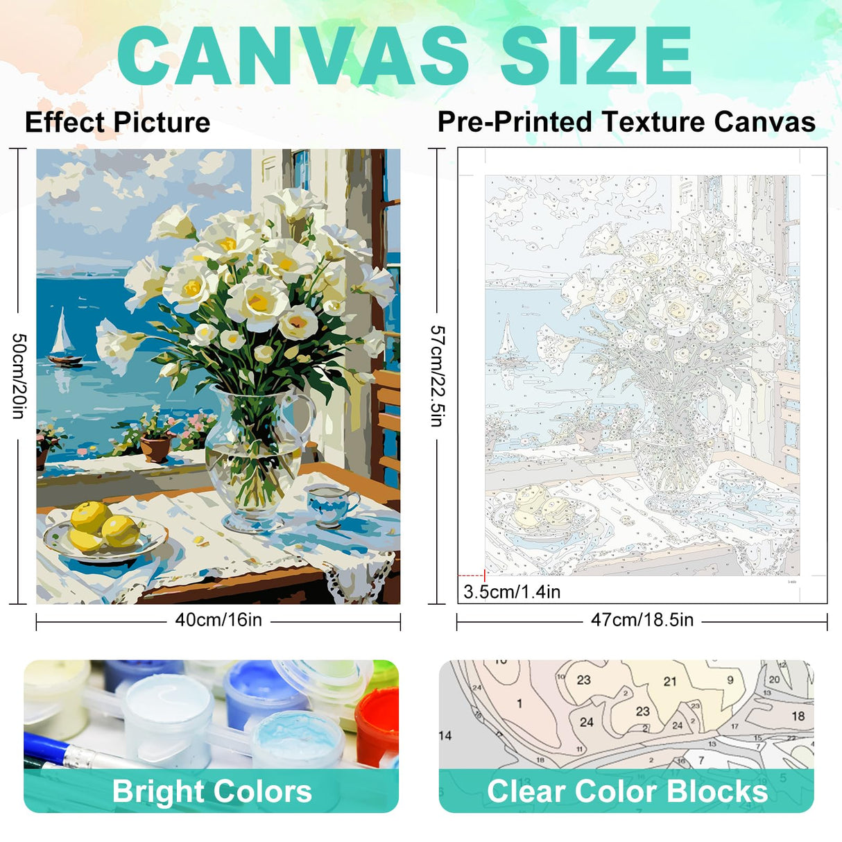 Paint by Numbers Kit for Adults - White Flower in Glass Vase Adult Paint by Number Kits on Canvas for Beginner, Sea DIY Acrylic Oil Number Painting for Adults, Perfect for Home Decor Gift 16x20 Inch GEEHEIY