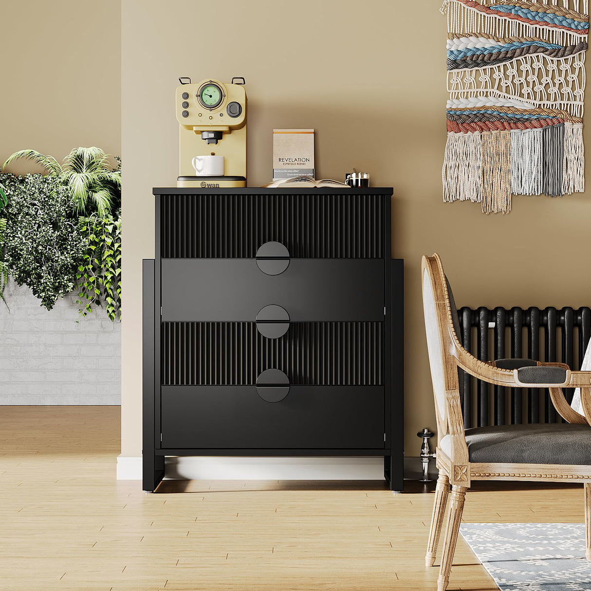 LGHM Fluted Dresser for Bedroom with 4 Drawers, Modern 4 Drawers Dressers with Semicylinder Fluted, Solid Chest of Drawers, 36" Tall Dresser with Bold Steel Frame, Metal Handles, Black LGHM