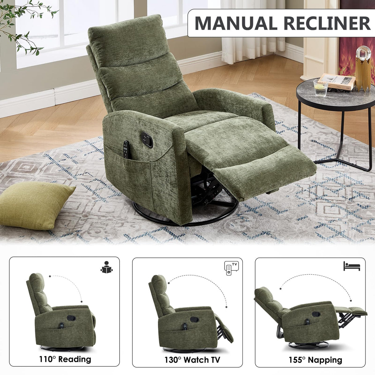 Trustyue Swivel Rocker Recliner Chair, 360° Swivel Recliner with Heat and Massage,Chenille Rocker Recliner Nursery Glider Recliner Chair with Side Pockets for Living Room Green Trustyue