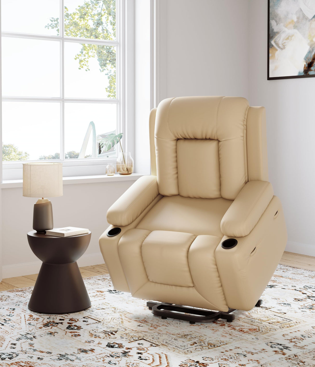 GarveeHome Faux Leather Power Lift Recliner Chair for Elderly, Lift Assist Recliner for Seniors with Heat and Massage Function, Reclining Sofa w/Pockets and Cup Holders CF8008 (Beige, Medium) GarveeHome