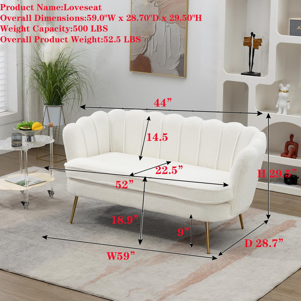 Modern Boucle Loveseat Couch,Futon Small Sofa with Gold Metal Legs ,2-Seater Upholstered Mini Sofa Couches for Small Space,Living Room Bedroom Office Dorm Studio Apartment Love Seat Couche(White) Gustonhon