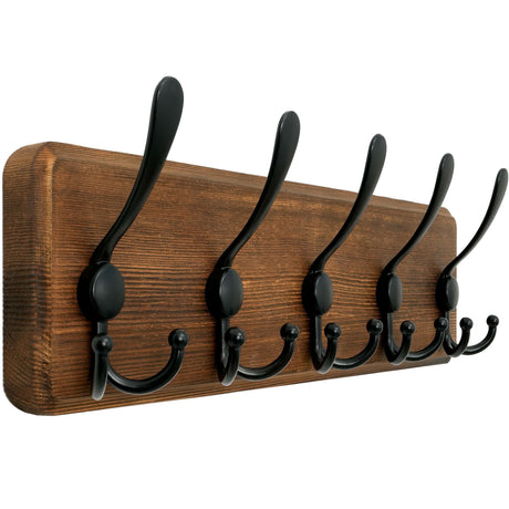 WEBI Rustic Coat Rack Wall Mount,Coat Hooks Wall Mounted,16" Hole to Hole,Wood Coat Hanger Wall,Hook Rack Rail,5 Triple Hooks for Hanging Coats,Jacket,Clothes,Brown WEBI