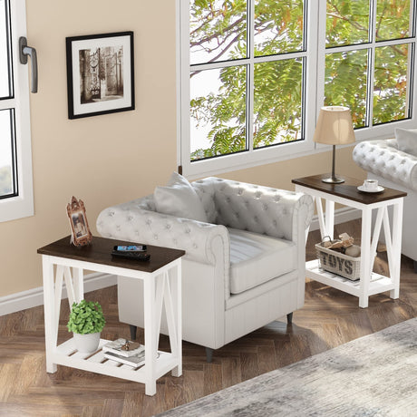ChooChoo Farmhouse End Table Set of 2, Rustic Vintage Narrow End Side Table with Storage Shelf for Small Spaces, Nightstand Sofa Table for Living Room, Bedroom White ChooChoo