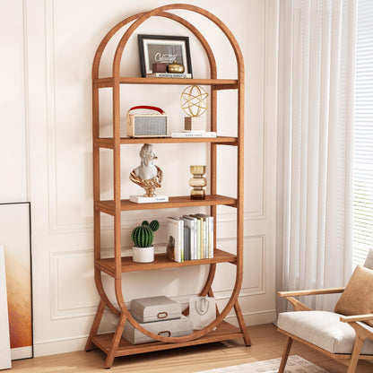 Tribesigns 5-Tier Modern Arched Bookshelf with Bright Brown Finish, 70.8" Tall Freestanding Display Rack for Home & Office - WoodArtSupply