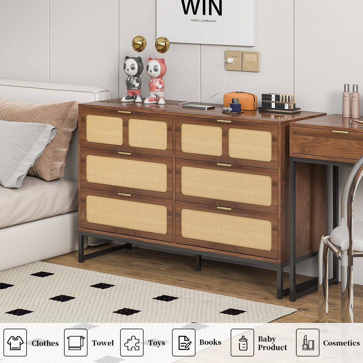 IQCNGVX 6 Drawer Dresser, Modern Rattan Dresser Chest with Wide Drawers and Metal Handles, Accent Dresser Drawer Organizer, Farmhouse Wood Storage Chest of Drawers for Bedroom, Living Room, Entryway IQCNGVX