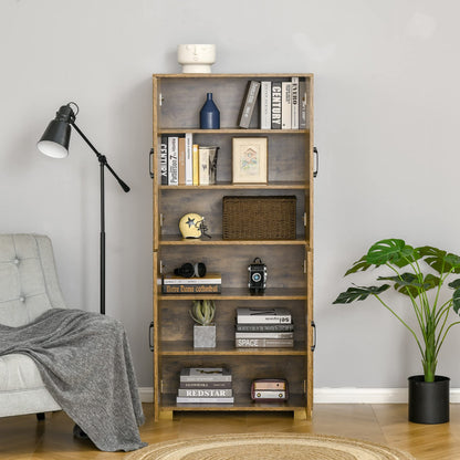 HOMCOM Industrial Kitchen Pantry Cabinet with 4 Doors and Storage Shelves, Freestanding Storage Cabinet, Rustic Wood - WoodArtSupply