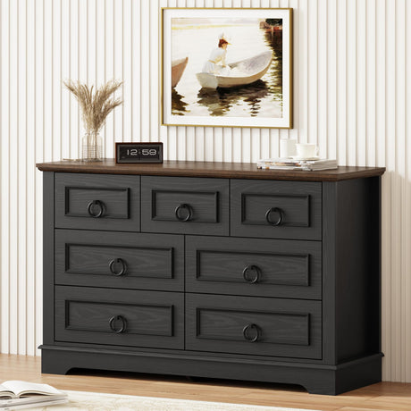 LIKIMIO Farmhouse Dresser for Bedroom with 7 Drawer, 47.2" Wide Wood Rustic Chest of Drawers with Round Metal Handle, Thickened Desktop, Storage Dressers for Bedroom, Hallway, Entryway, Black LIKIMIO