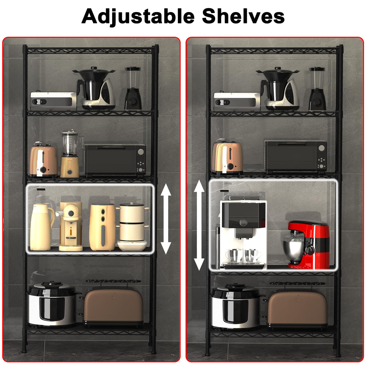 GIOTORENT 5-Wire Garage Shelving Storage Shelves, Metal Shelf Organizer 1750Lbs Capacity, Kitchen Storage Adjustable Shelf for Laundry Bathroom Pantry Closet, Black 36.2''L x 14''W x 72.3''H GIOTORENT