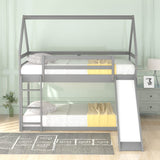 Harper & Bright Designs Twin Bunk Beds for Kids,Wood House Bunk Bed Twin Over Twin,Kids Bunk Bed with Slide and Roof for Girls Boys,Grey Harper & Bright Designs