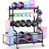 PLKOW Dumbbell Weight Rack, Home Gym Storage for Kettlebells Yoga Mat and Balls, All in One Workout Storage with Wheels and Hooks, Powder Coated Finish Steel PLKOW
