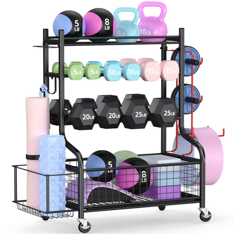 PLKOW Dumbbell Weight Rack, Home Gym Storage for Kettlebells Yoga Mat and Balls, All in One Workout Storage with Wheels and Hooks, Powder Coated Finish Steel PLKOW