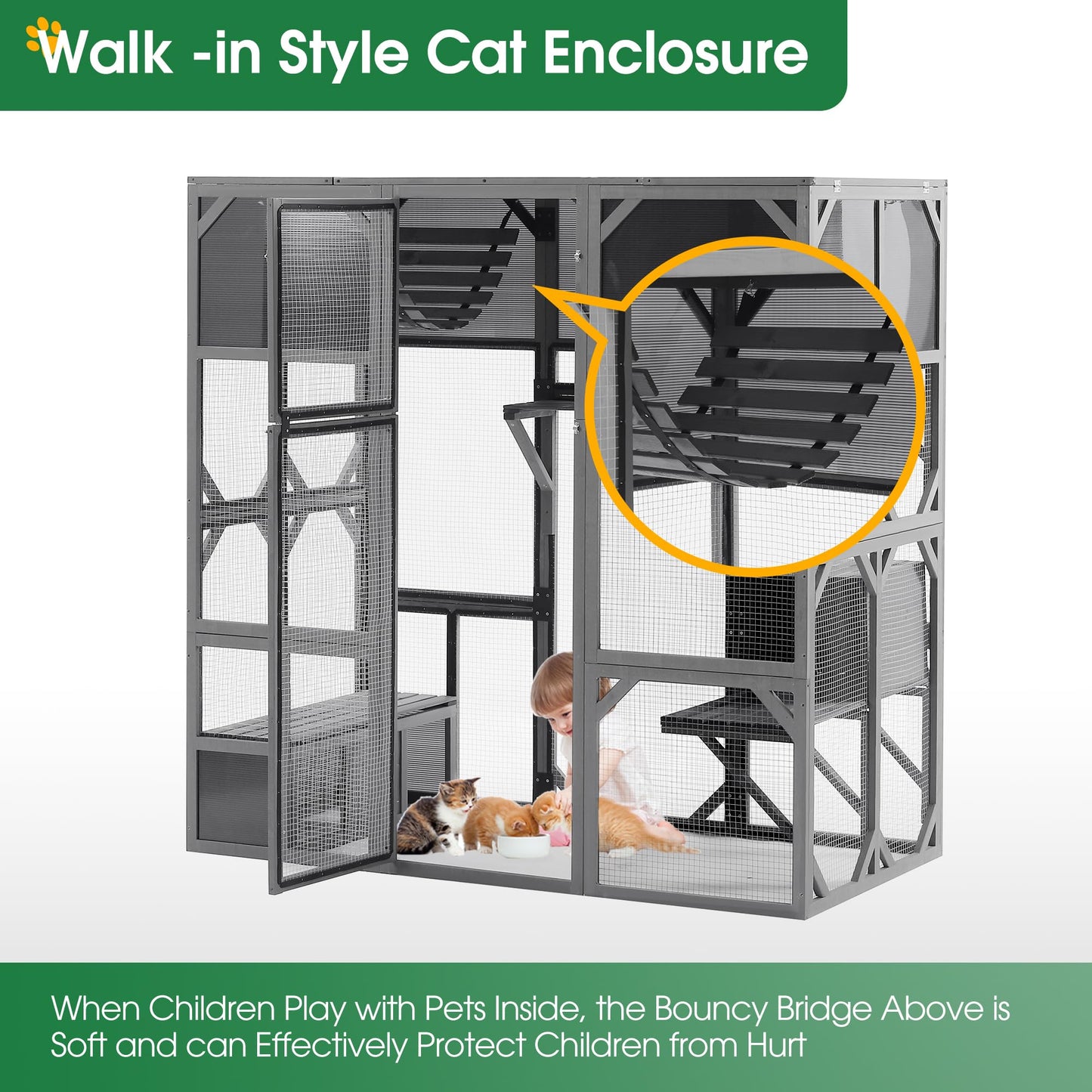 Miscoos Outdoor Wooden Cat Catio Enclosure, Super Large Entry, L67.5'', Walk-in Kitten Cage with Bouncy Bridge, Platforms, Small Houses, Dark Grey Sunshine Board - Ideal for Safe Play and Relaxation