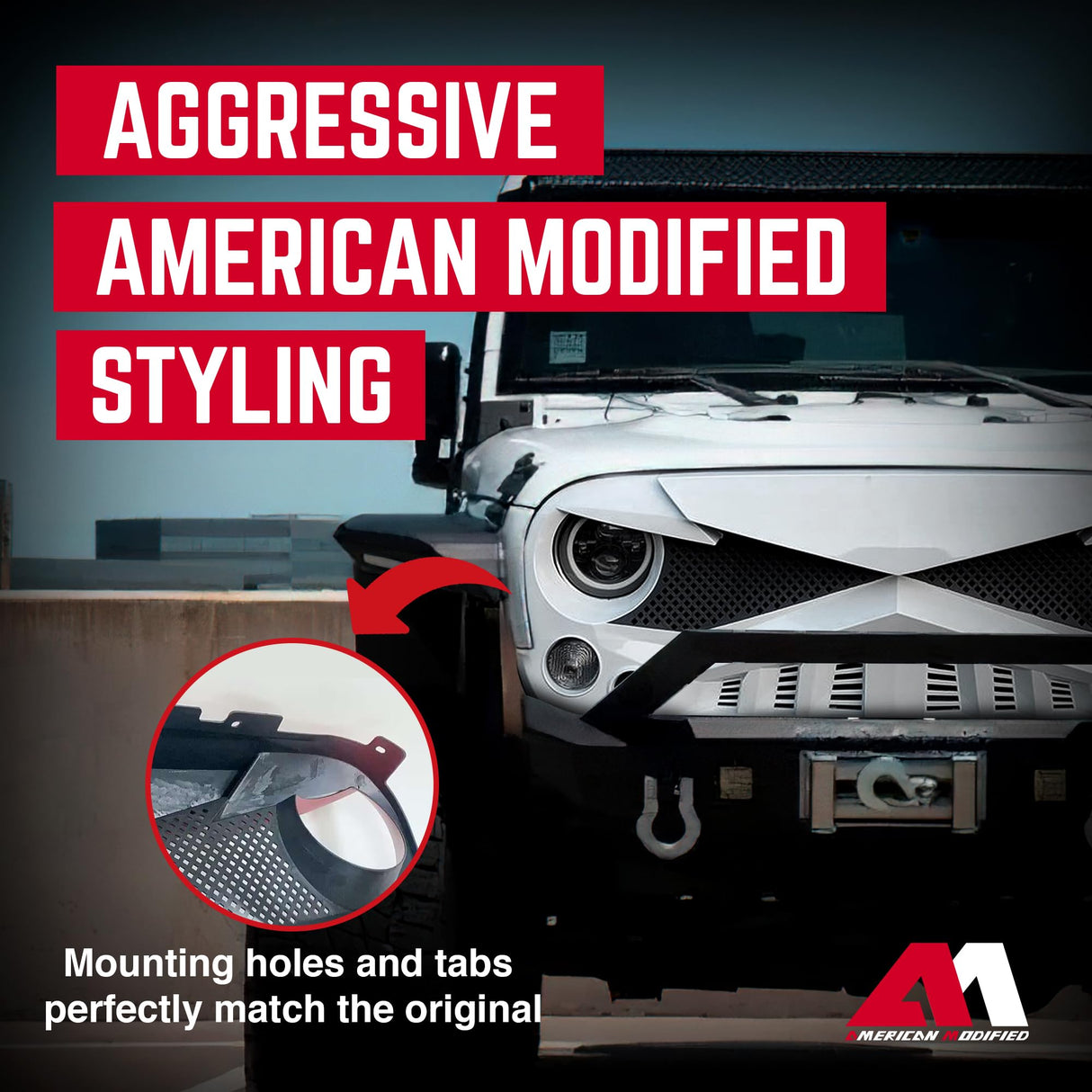 AMERICAN MODIFIED Hawke Front Grille Cover Compatible with Jeep Wrangler, JK/JKU, Rubicon, and Sahara Sport 2007 to 2018 Models, White AM AMERICAN MODIFIED