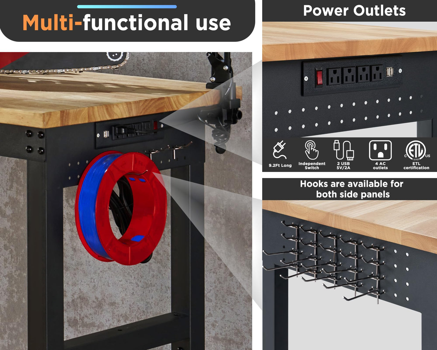 Albott 84x24” Adjustable Workbench 28.7-38.6" Height, Rubber Wood Top Heavy Duty Workbench with Power Outlets & Hooks, 5000 LB Capacity Workbench for Garage, Workshop, Home & Office