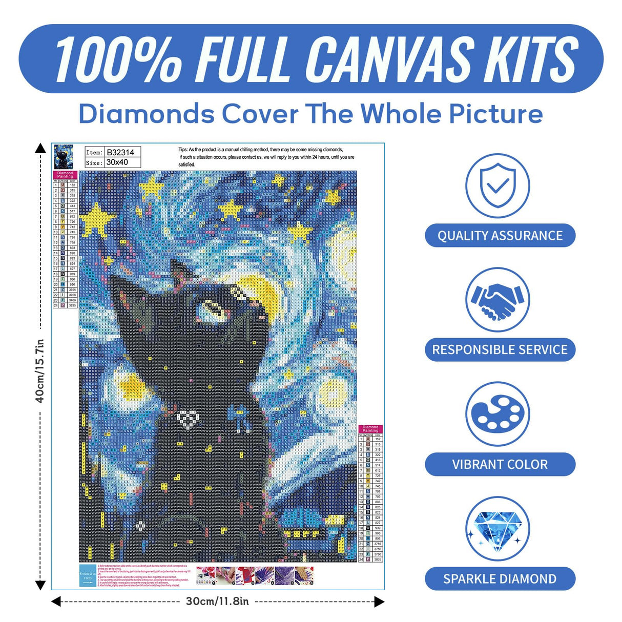 Yunnuo DIY 5D Diamond Painting Kits, Black Cat Diamond Art Kits for Adults, Full Drill Diamond Dots Gem Paintings Canvas for Beginners, Perfect for Festival Home Wall Decor 12x16inch (Starry Night) Yunnuo