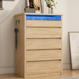 Jocoevol Larger Oak 5 Drawer Dresser for Bedroom with LED Light, Modern Chest of Drawers with Hidden Handles, Tall Wooden Dresser Closet for Living Room, Entryway, Hallway - Oak Jocoevol