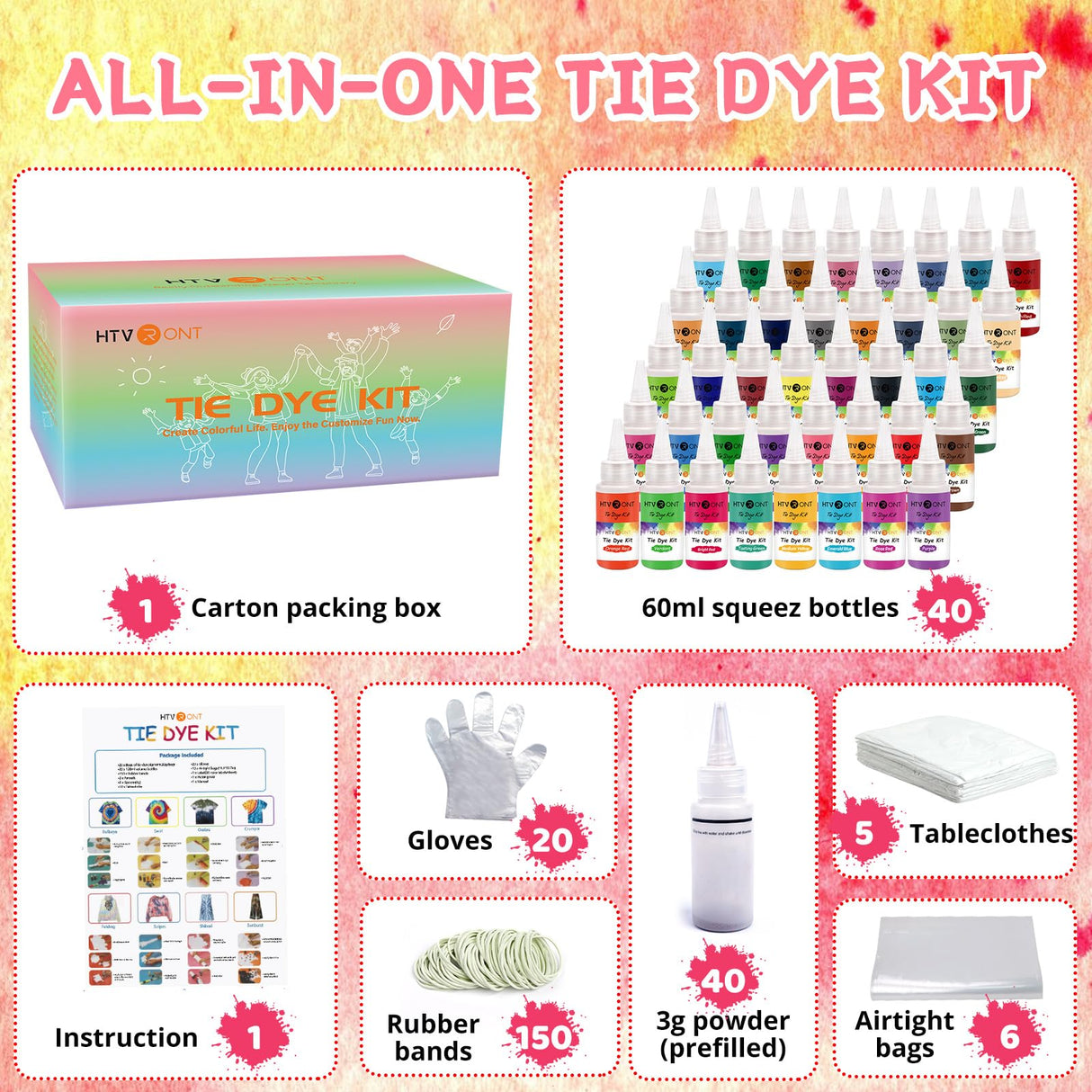 HTVRONT Tie Dye Kit - 40 Vibrant Colors Pre-Filled Bottles Tye dye Kit for Kids and Large Groups, Permanent Tie Dye Kits for Adults Tyedyedye Party Supplies Tye dye Kit to Go(Just Add Water) HTVRONT