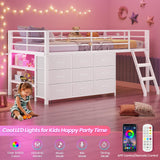 BTHFST Twin Loft Bed for Kids, Low Loft Bed Twin Size with 9 Storage Dresser, LED Lights, 2 Storage Shelves & Stairs, Metal White Bed with Safety Guardrail for Young Teens, Space Saving, White BTHFST