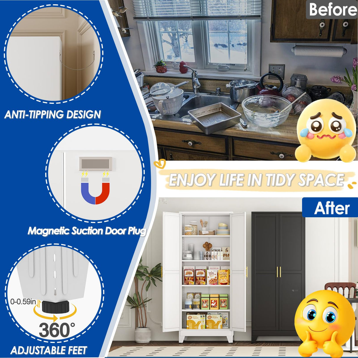 GAIOUS 71" Tall Metal Storage Cabinet with 2 Doors and 4 Adjustable Shelves, Kitchen Pantry Cabinet White Freestanding Cupboard, 5 Tier Multifunctional Steel Storage for Office, Kitchen, Dining Room GAIOUS