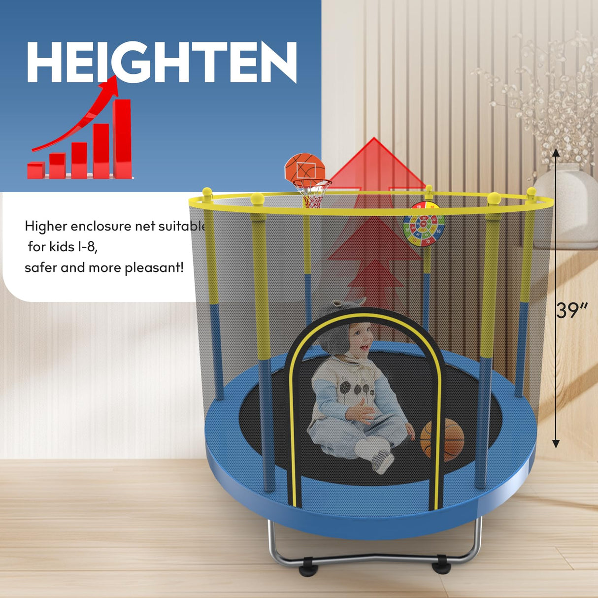 Sedeke 72" Trampoline for Kids with Net, 6 FT Indoor & Outdoor Small Toddler Trampoline with Basketball Hoop & Dart Board for Ages 1-8, Birthday Gifts for Boys & Girls, Baby Toddler Christmas Toys Sedeke