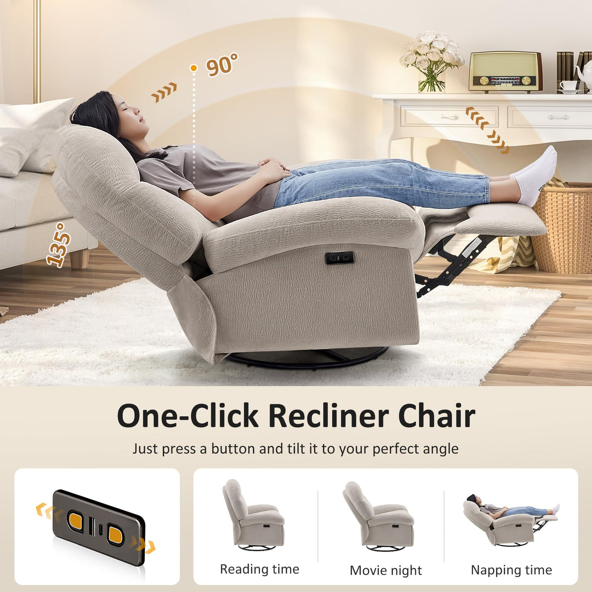 VANOMi Power Recliner Chair with USB & Type-C Charging, 270° Swivel Glider Rocker, Electric Nursery Recliner for Living Room, Bedroom, and Office, Light Gray VANOMi