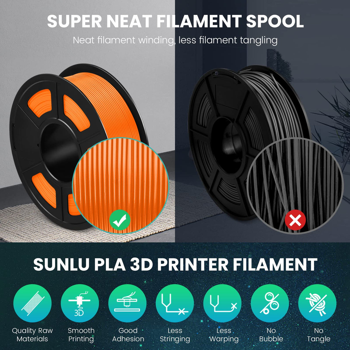 SUNLU 10KG PLA Filament Bundle 1.75mm, 3D Printer Filament, Dimensional Accuracy +/- 0.02 mm,1kg Spool, 10 Rolls, Black+White+Grey+Transparent+Blue+Green+Orange+Red+Pureyellow+Cyan SUNLU
