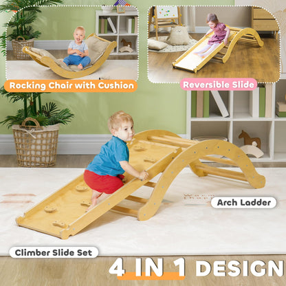 Qaba Toddler Climbing Toys, Indoor 4 in 1 Pikler Climbing Set with Arch Climber, Ramp & Cushion, Wooden Montessori Climbing Set, Baby Play Gym for Indoor Playground, Wood