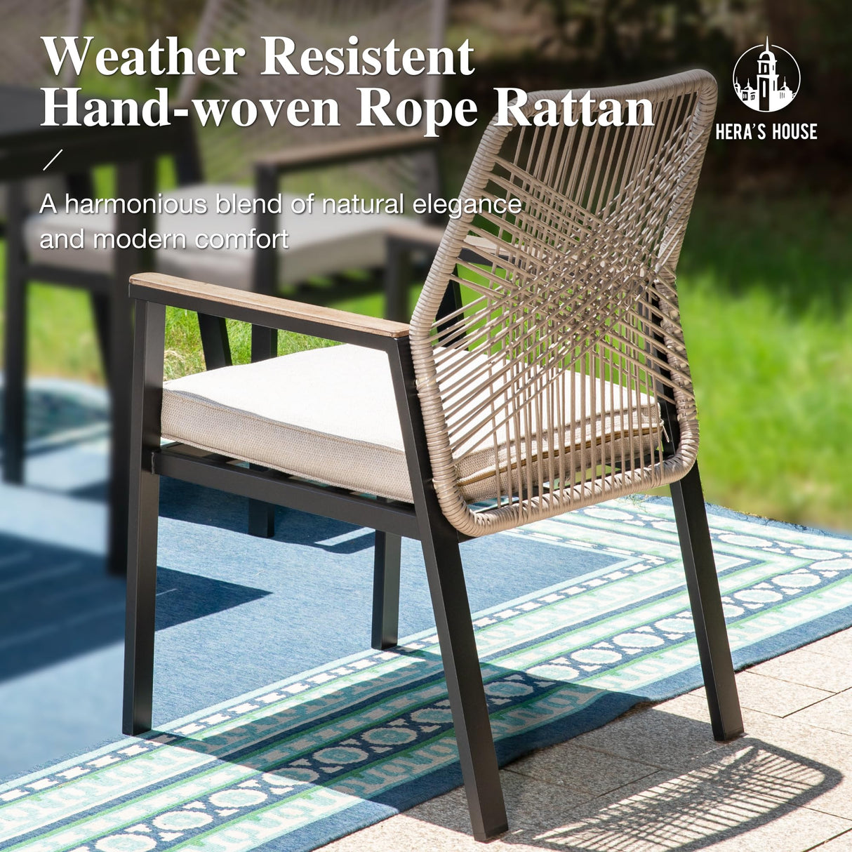 HERA'S HOUSE 7 Pieces Patio Table and Chairs Set, Outdoor Dining Set for 7, 6 x Cushioned Woven Rattan Patio Chairs and 1 x Black Metal Table with Umbrella Hole, Outdoor Rattan Dining Set for Lawn HERA'S HOUSE