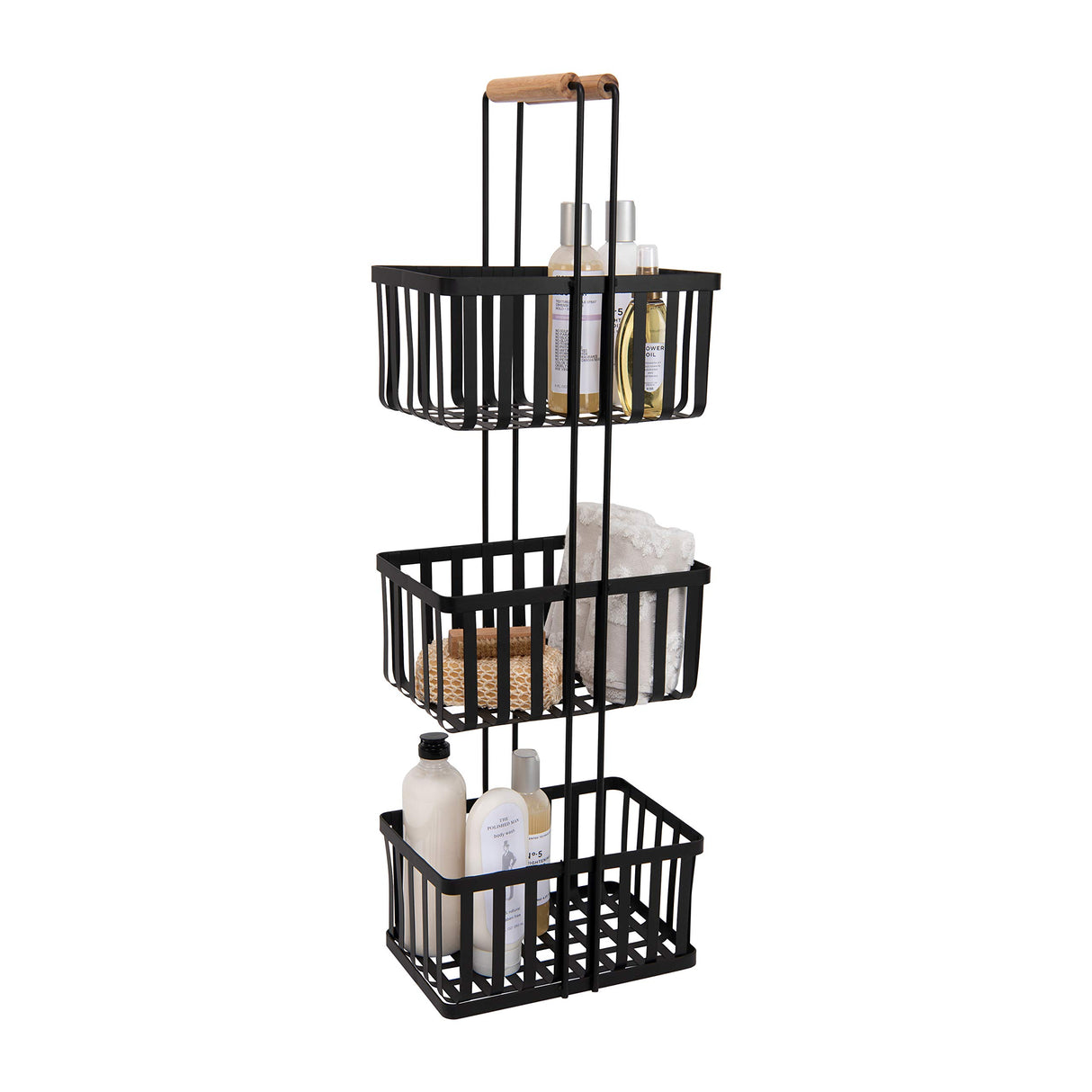 Simplify 3 Tier Metal Spa Tower | Bamboo Handles | Decorative Shelving Unit | Baskets | Bathroom Storage | Toiletries | Towels | Soap | Black Simplify