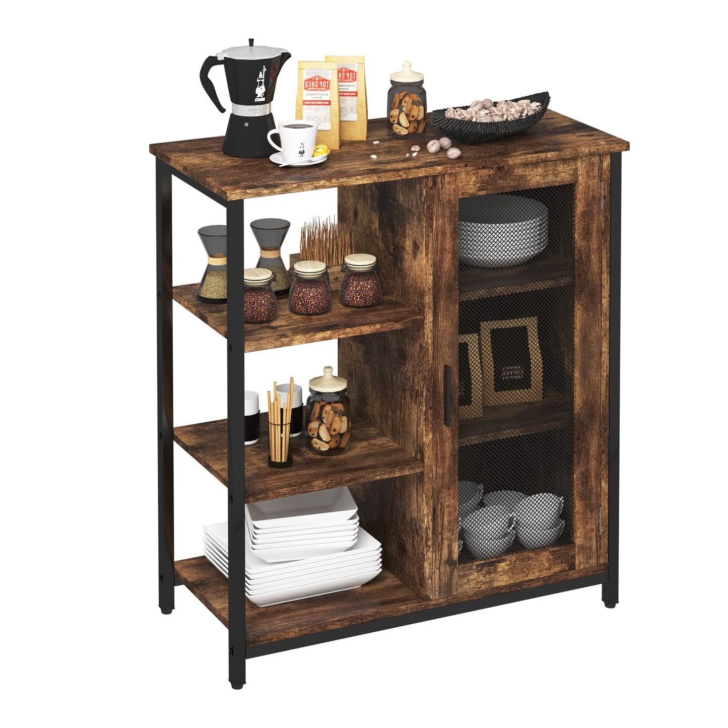 LVSOMT Industrial Farmhouse Buffet Cabinet with Storage and Adjustable Shelves - Brown Coffee Bar Table - WoodArtSupply