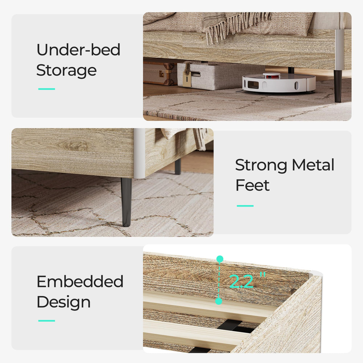 LINSY Ergonomic Queen Bed Frame with RGB Lights, Storage Headboard & Charger - Beige Farmhouse Design LINSY