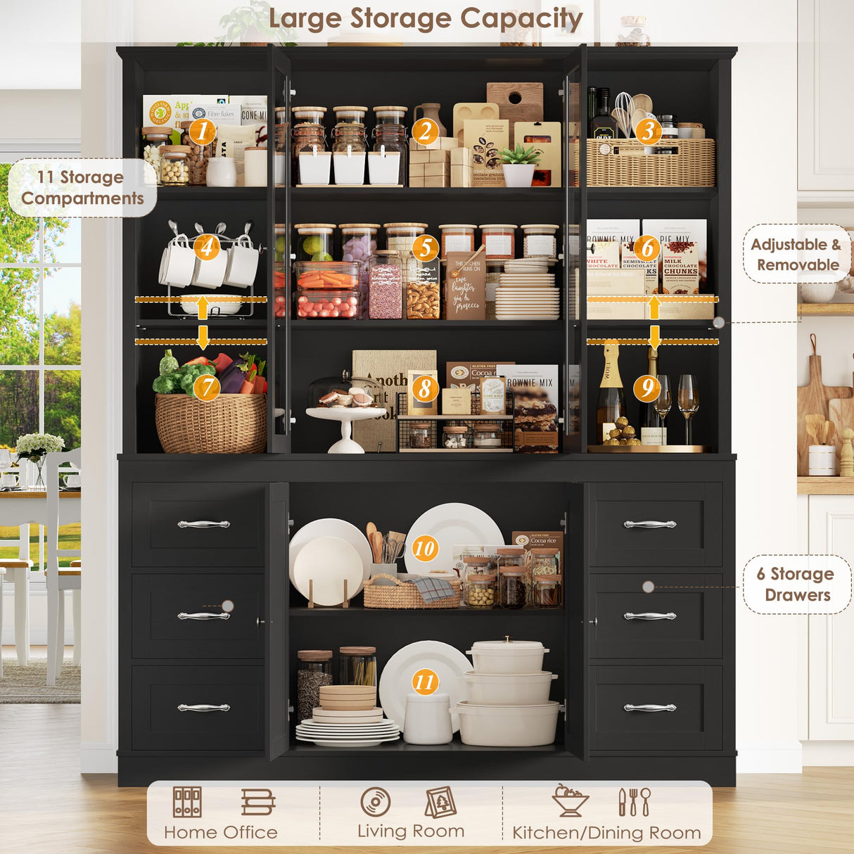 HIFIT 74.4'' Tall Kitchen Pantry Storage Cabinet, 63'' Wide Large Kitchen Hutch, Farmhouse Pantry Cabinet, Bookcases and Bookshelves with 6 Drawers & 4 Doors, Black Glass China Hutch for Living Room HIFIT