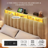 DWVO Queen Size Bed Frame with 4 Storage Drawers and RGB LED Lights, Velvet Upholstered Platform Bed with Charging Station and Storage Headboard, No Box Spring Needed, Easy Assembly, Beige DWVO