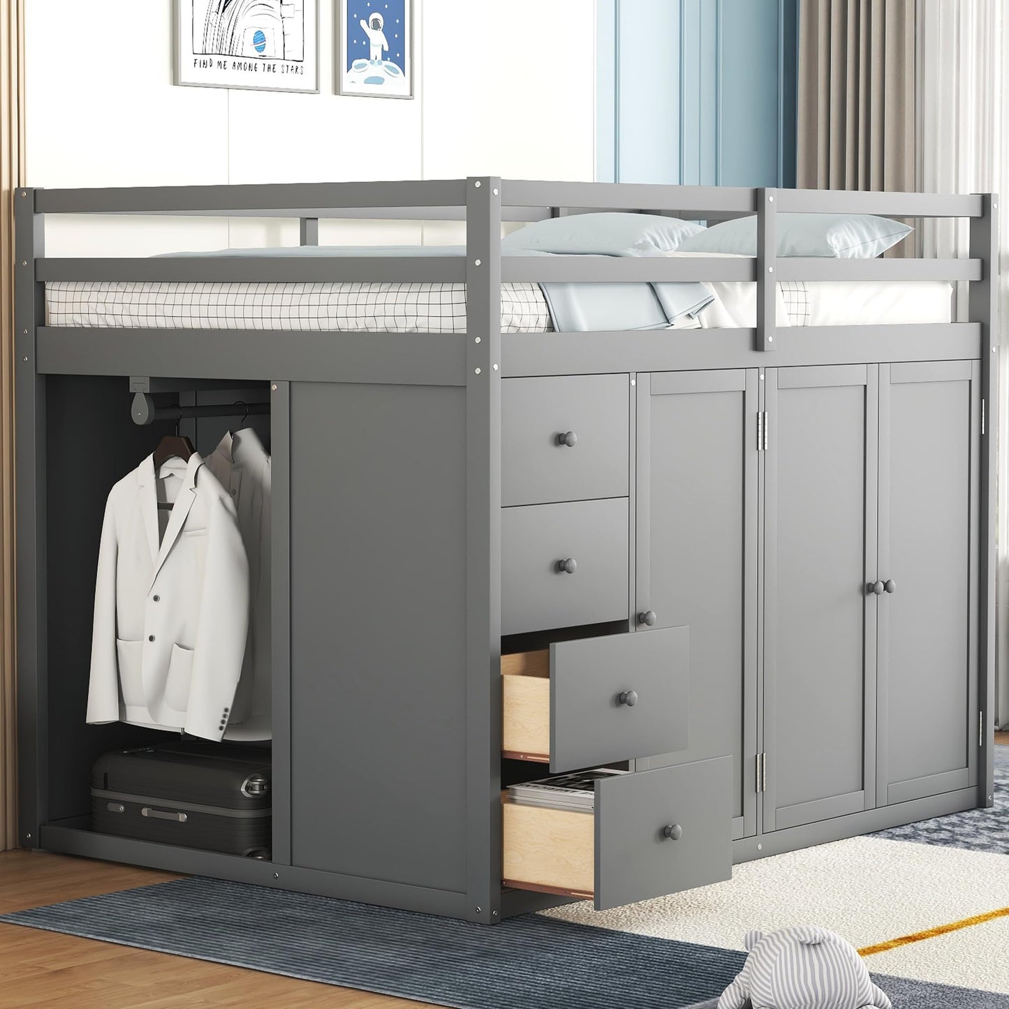 Harper & Bright Designs Grey Full Size Loft Bed with Storage Stairs and Wardrobes - WoodArtSupply