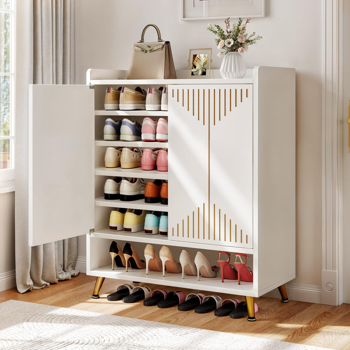 YITAHOME Shoe Cabinet with Doors for Entryway, 5-Tier White Shoe Storage Cabinet Modern Self-Supporting Wood Organizer Cabinet for Entryway Living Room Hallway, White&Gold YITAHOME